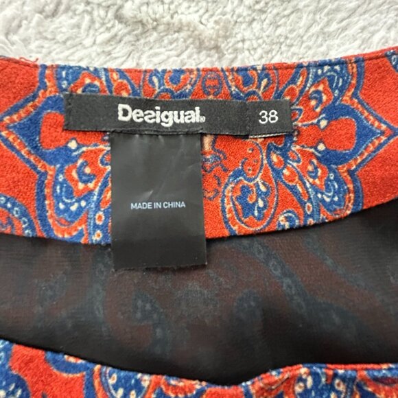 Desigual Women's Tina Dress Size 38 Red/Blue Paisley Print 3/4 Sleeve Mini Shift - Picture 3 of 9